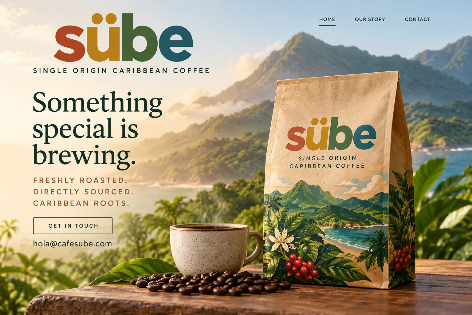 SÜBE Coffee coming soon — Caribbean ocean and mountains behind a complete kraft coffee bag, with the slogan Single Origin Caribbean Coffee and a contact invitation
